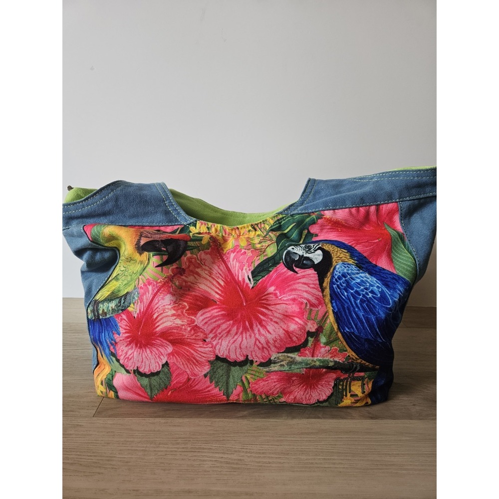 Guy Harvey Tropical Parrot Tote Bag Denim Blue Hibiscus Floral Canvas Beach Purs